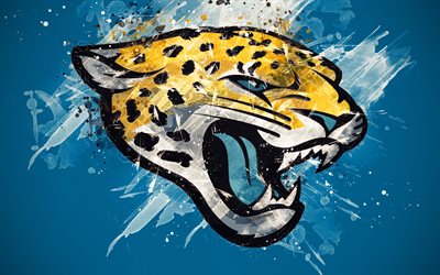 Jaguars de Jacksonville, 4k, logo, grunge de l&#39;art, de l&#39;&#233;quipe de football Am&#233;ricain, embl&#232;me, fond bleu, peinture de l&#39;art, de la NFL, Jacksonville, Floride, &#233;tats-unis, la Ligue Nationale de Football, art cr&#233;atif