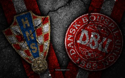 Kroatien vs Danmark, 4k, FOTBOLLS-Vm 2018, Omg&#229;ng 16, logotyp, Ryssland 2018, Fotbolls-Vm, Danmark i fotboll, Kroatien i fotboll, svart sten, &#197;ttonde-final