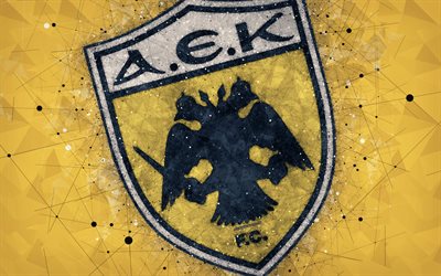 AEK Athens FC, 4k, logo, geometric art, yellow abstract background, Greek football club, emblem, Super League Greece, creative art, Athens, Greece, football