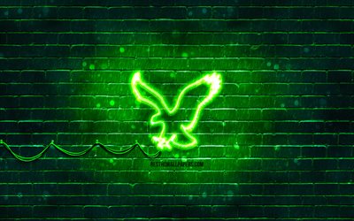 American Eagle Outfitters green logo, 4k, green brickwall, American Eagle Outfitters logo, brands, American Eagle Outfitters neon logo, American Eagle Outfitters