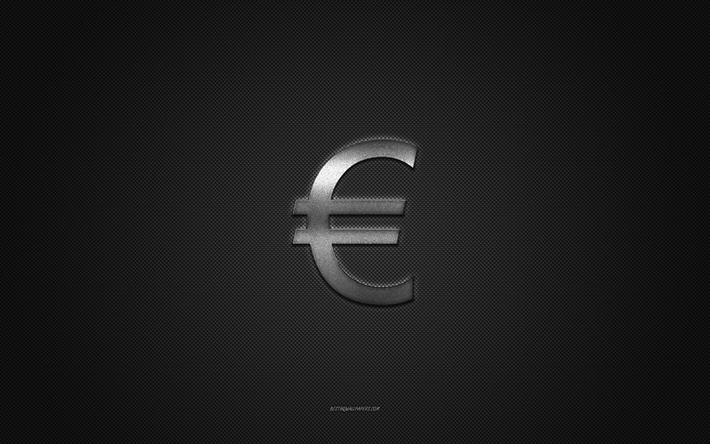 logotipo de moneda euro, logotipo plateado brillante, emblema de metal de moneda euro, textura de fibra de carbono gris, moneda euro, marcas, arte creativo, emblema de moneda euro