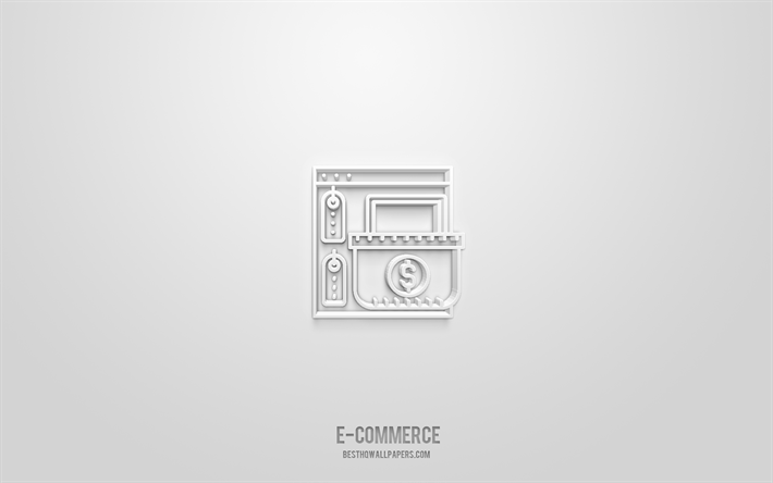 icona 3d di e-commerce, sfondo bianco, simboli 3d, e-commerce, icone dello shopping, icone 3d, segno di e-commerce, icone dello shopping 3d