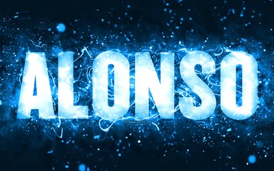 Happy Birthday Alonso, 4k, blue neon lights, Alonso name, creative, Alonso Happy Birthday, Alonso Birthday, popular american male names, picture with Alonso name, Alonso