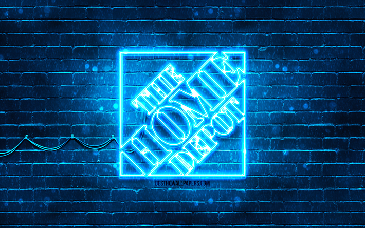 home depot logo blu, 4k, muro di mattoni blu, logo home depot, marchi, logo al neon home depot, home depot