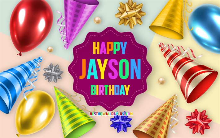 Happy Birthday Jayson, 4k, Birthday Balloon Background, Jayson, creative art, Happy Jayson birthday, silk bows, Jayson Birthday, Birthday Party Background