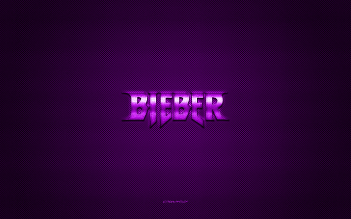 Justin Bieber logo, purple shiny logo, Justin Bieber metal emblem, gray carbon fiber texture, Justin Bieber, brands, creative art, Justin Bieber emblem