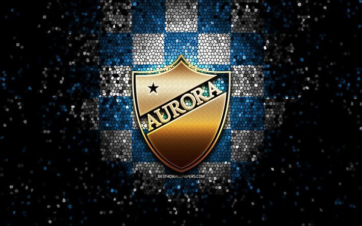 Club Deportivo Aurora, glitter logo, Bolivian Primera Division, blue white checkered background, soccer, Bolivian football club, Club Deportivo Aurora logo, mosaic art, football, Deportivo Aurora FC