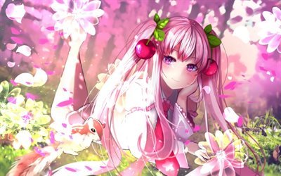 vocaloid, sakura miku, narami, Fairy forest, pink flowers