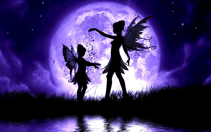 妖精たち, 夜, 月, 女性のシルエット