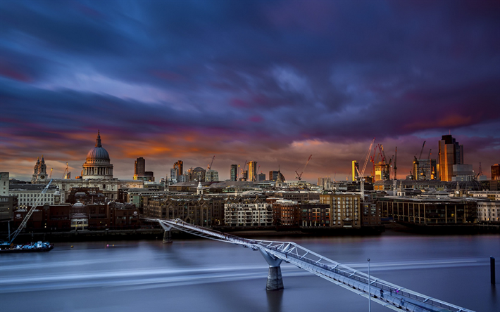 Millennium Bridge, London, City panorama, England, evening, sunset, St Pauls Cathedral, River Thames