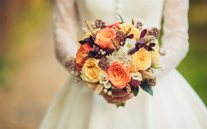 Wedding bouquet, bride, roses, eustoma, colorful flowers, wedding