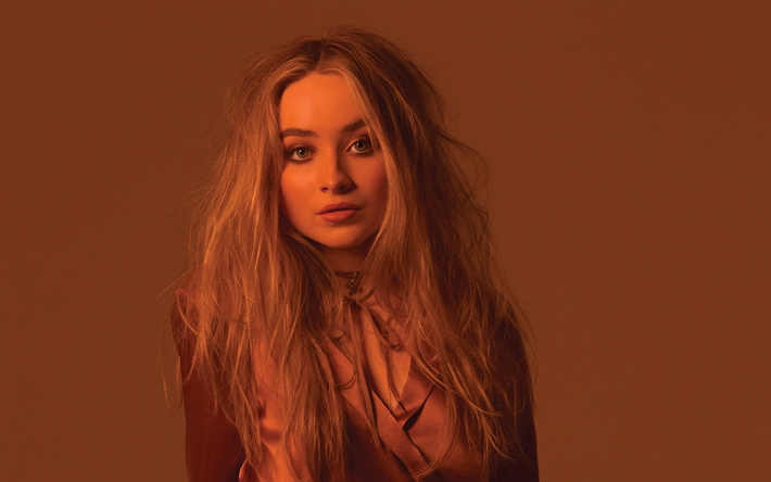 Sabrina Carpenter, American actress, beautiful blonde, portrait, brown female costume