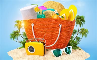 Accessori da spiaggia, concetti, svago, viaggi, estate, vacanza, spiaggia, estivo, Tropicale, isole