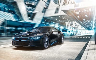 4k, BMW i8, 2018 carros, estrada, movimento, preto i8, supercarros, BMW