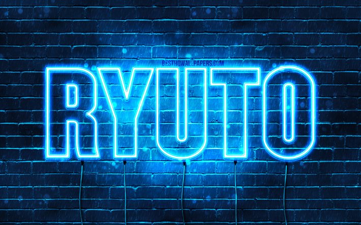 Ryuto, 4k, taustakuvia nimet, vaakasuuntainen teksti, Ryuto nimi, Hyv&#228;&#228; Syntym&#228;p&#228;iv&#228;&#228; Ryuto, suosittu japanilainen mies nimet, blue neon valot, kuva Ryuto nimi