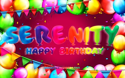 Happy Birthday Serenity, 4k, colorful balloon frame, Serenity name, purple background, Serenity Happy Birthday, Serenity Birthday, popular american female names, Birthday concept, Serenity