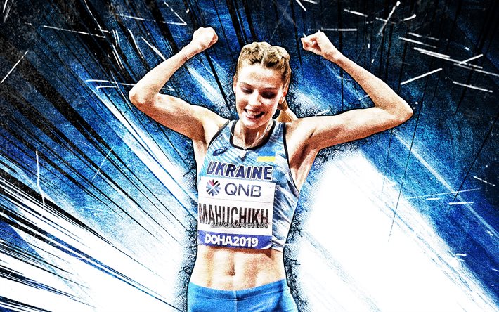 Yaroslava Maguchih, arte grunge, atleta ucraina, raggi astratti blu, salto in alto, Yaroslava Maguchih 4K
