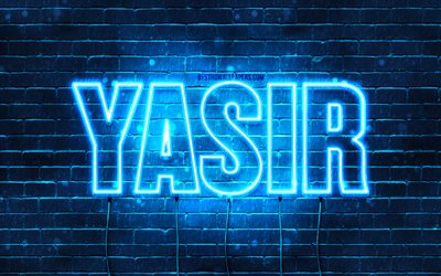 Yasir, 4k, fonds d’&#233;cran avec des noms, nom Yasir, n&#233;on bleu, Joyeux anniversaire Yasir, noms masculins arabes populaires, image avec le nom Yasir