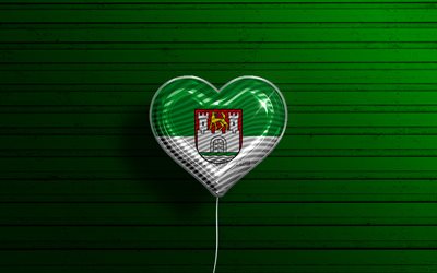 ヴォルフスブルクが大好き, 4k, リアルな風船, 緑の木製の背景, ドイツの都市, ヴォルフスブルクの旗, ドイツ, 旗が付いている気球, ヴォルフスブルク, ヴォルフスブルクの日