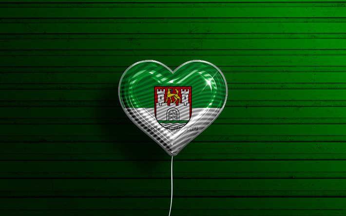 I Love Wolfsburg, 4k, ballons r&#233;alistes, fond en bois vert, villes allemandes, drapeau de Wolfsburg, Allemagne, ballon avec drapeau, Wolfsburg, Jour de Wolfsburg