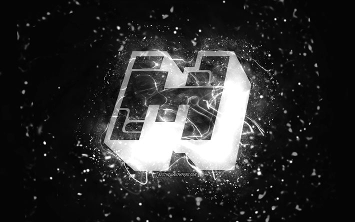 Minecraft vit logotyp, 4k, vita neonljus, kreativ, svart abstrakt bakgrund, Minecraft-logotyp, onlinespel, Minecraft