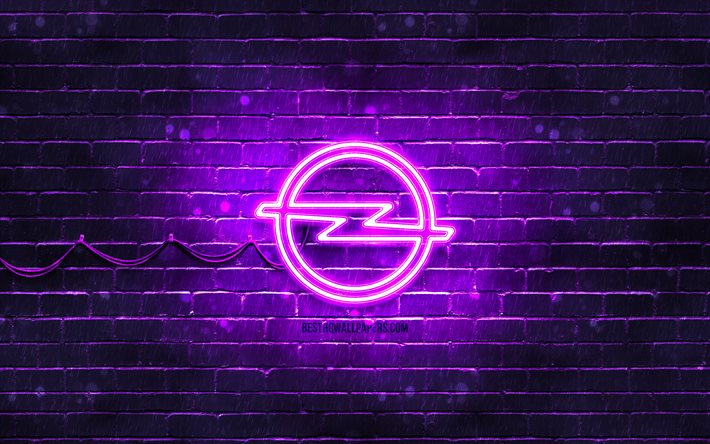 Logo violet Opel, 4k, brickwall violet, logo Opel, marques de voitures, logo n&#233;on Opel, Opel