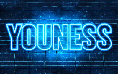 Youness, 4k, wallpapers with names, Youness name, blue neon lights, Happy Birthday Youness, popular arabic male names, picture with Youness name