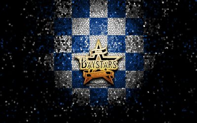 Yokohama BayStars, logo paillet&#233;, NPB, fond &#224; carreaux bleu blanc, baseball, &#233;quipe de baseball japonaise, logo Yokohama BayStars, art mosa&#239;que, Nippon Professional Baseball
