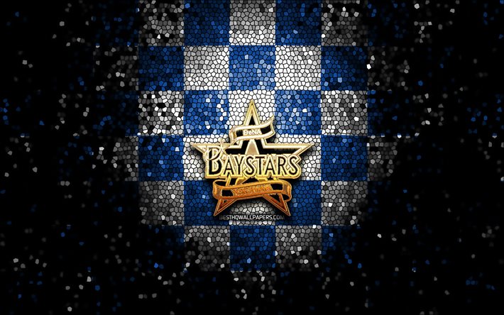 Yokohama BayStars, parıltı logosu, NPB, mavi beyaz damalı arka plan, beyzbol, Japon beyzbol takımı, Yokohama BayStars logosu, mozaik sanatı, Nippon Profesyonel Beyzbol