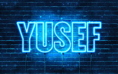 Yusef, 4k, fonds d’&#233;cran avec des noms, nom Yusef, n&#233;ons bleus, Joyeux anniversaire Yusef, noms masculins arabes populaires, image avec le nom Yusef