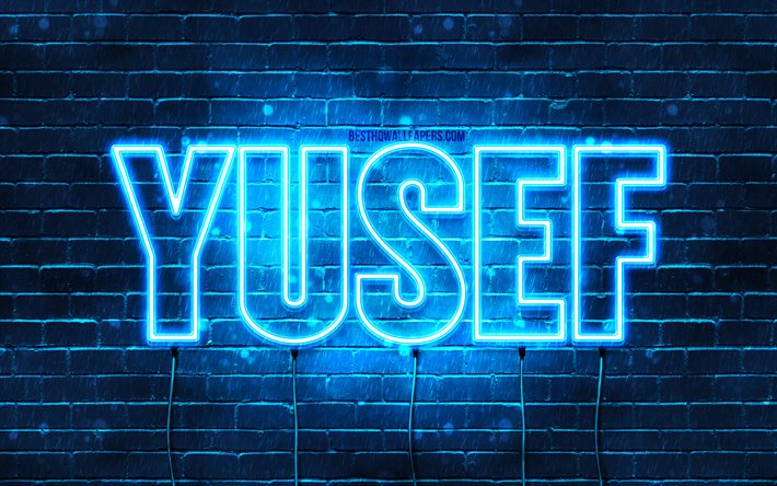 Yusef, 4k, bakgrundsbilder med namn, Yusef namn, bl&#229; neonljus, Grattis p&#229; f&#246;delsedagen Yusef, popul&#228;ra arabiska manliga namn, bild med Yusef namn