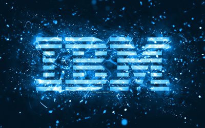 آي بي إم شعار أزرق, 4 ك, أضواء النيون الزرقاء, إبْداعِيّ ; مُبْتَدِع ; مُبْتَكِر ; مُبْدِع, خلفية زرقاء مجردة, شعار IBM, العلامة التجارية, اي بي ام