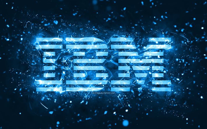 IBM blue logo, 4k, blue neon lights, creative, blue abstract background, IBM logo, brands, IBM