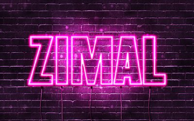 Zimal, 4k, fonds d’&#233;cran avec des noms, noms f&#233;minins, nom Zimal, n&#233;ons violets, Joyeux anniversaire Zimal, noms f&#233;minins arabes populaires, image avec le nom Zimal