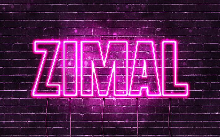 Zimal, 4k, bakgrundsbilder med namn, kvinnliga namn, Zimal namn, lila neonljus, Grattis p&#229; f&#246;delsedagen Zimal, popul&#228;ra arabiska kvinnliga namn, bild med Zimal namn