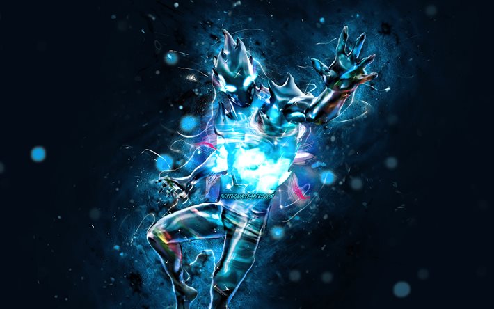 Zero, 4k, blue neon lights, Fortnite Battle Royale, Fortnite characters, Zero Skin, Fortnite, Zero Fortnite