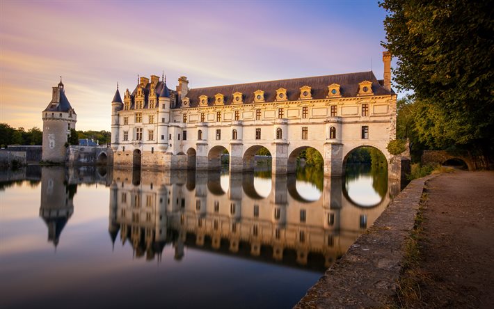Chateau de Chenonceau, ilta, auringonlasku, linnat Ranska, kaunis linna, Cher River, Ranska