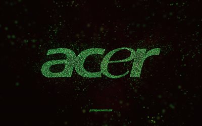 Acer glitter logo, 4k, black background, Acer logo, green glitter art, Acer, creative art, Acer green glitter logo