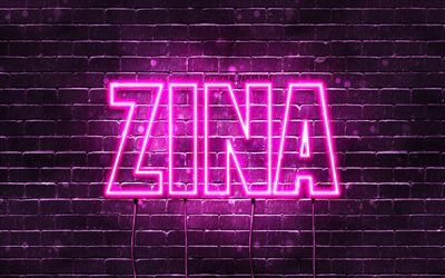Zina, 4k, sfondi con nomi, nomi femminili, nome Zina, luci al neon viola, buon compleanno Zina, nomi femminili arabi popolari, foto con nome Zina