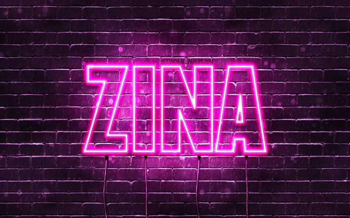 Zina, 4k, fonds d&#39;&#233;cran avec des noms, noms f&#233;minins, nom Zina, n&#233;ons violets, joyeux anniversaire Zina, noms f&#233;minins arabes populaires, photo avec nom Zina