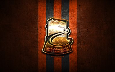 Umm Salal FC, golden logo, QSL, orange metal background, football, qatari football club, Umm Salal logo, soccer, Umm Salal SC