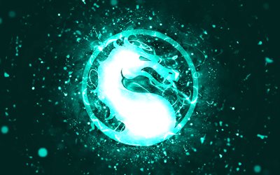 Logotipo turquesa do Mortal Kombat, 4k, luzes de n&#233;on turquesa, criativo, fundo abstrato turquesa, logotipo do Mortal Kombat, jogos online, Mortal Kombat