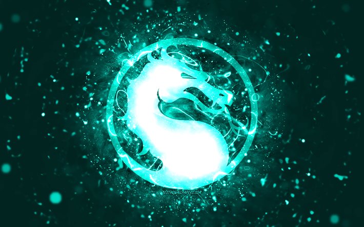 Mortal Kombat turchese logo, 4k, luci al neon turchesi, creativo, turchese sfondo astratto, Mortal Kombat logo, giochi online, Mortal Kombat
