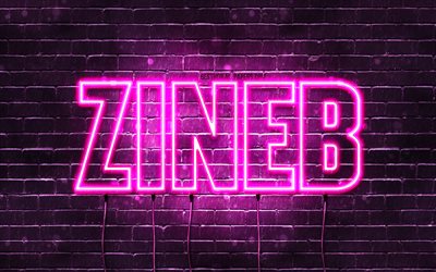Zineb, 4k, bakgrundsbilder med namn, kvinnliga namn, Zineb-namn, lila neonljus, Grattis p&#229; f&#246;delsedagen Zineb, popul&#228;ra arabiska kvinnliga namn, bild med Zineb-namn