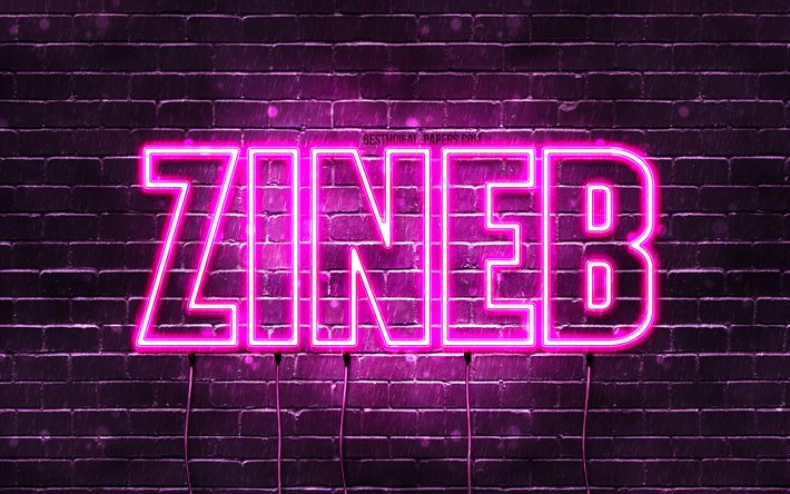 Zineb, 4k, sfondi con nomi, nomi femminili, nome Zineb, luci al neon viola, buon compleanno Zineb, nomi femminili arabi popolari, foto con nome Zineb