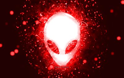 Logo Alienware rosso, 4k, luci al neon rosse, creativo, sfondo astratto rosso, logo Alienware, marchi, Alienware