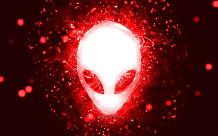 Alienware kırmızı logo, 4k, kırmızı neon ışıklar, yaratıcı, kırmızı soyut arka plan, Alienware logo, markalar, Alienware
