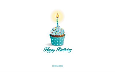 お誕生日おめでとうございます, 4k, 青いケーキ, お誕生日おめでとうグリーティングカード, ミニアート, お誕生日おめでとうの概念, 白背景, キャンドルと青いケーキ