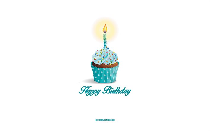 Joyeux anniversaire, 4k, g&#226;teau bleu, carte de voeux joyeux anniversaire, mini art, concepts de joyeux anniversaire, fond blanc, g&#226;teau bleu avec bougie