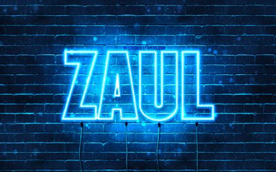 Zaul, 4k, bakgrundsbilder med namn, Zaul-namn, bl&#229; neonljus, Grattis p&#229; f&#246;delsedagen Zaul, popul&#228;ra arabiska manliga namn, bild med Zaul-namn
